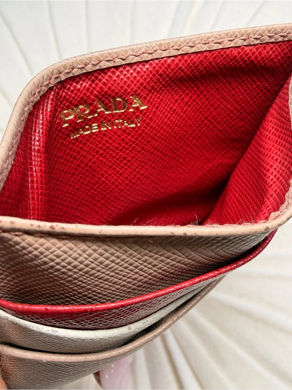 Prada Saffiano Leather Card Holder in Taupe with Red and Cream Accents